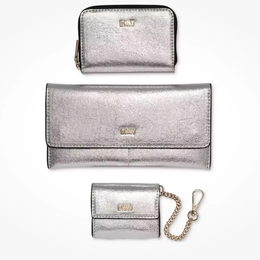 DKNY Silver Lumen 3 piece set, gift box, wallet, card holder, earbud case New